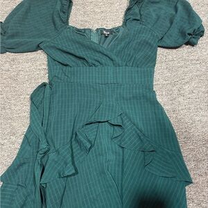 Trixxi Deep Green Square-Neck Ruffle Wrap Midi Dress